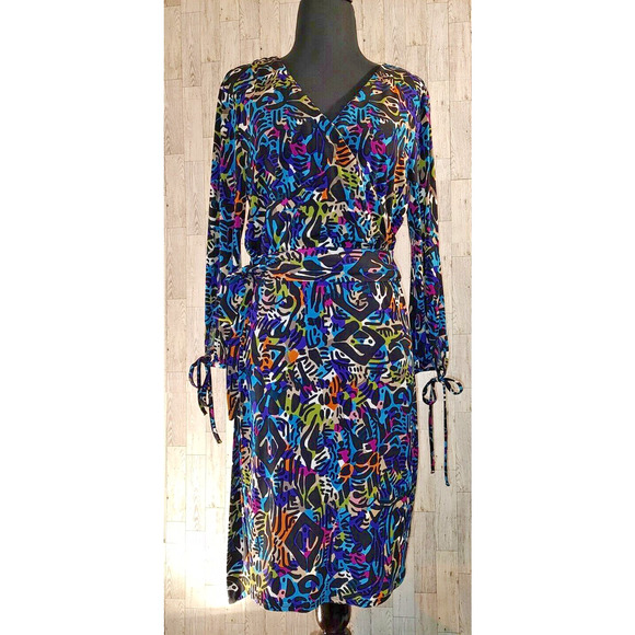 Nicole Miller Woman Sheath Dress Sz Large Multicolor V neck Criss Cross Stretch - Picture 1 of 13
